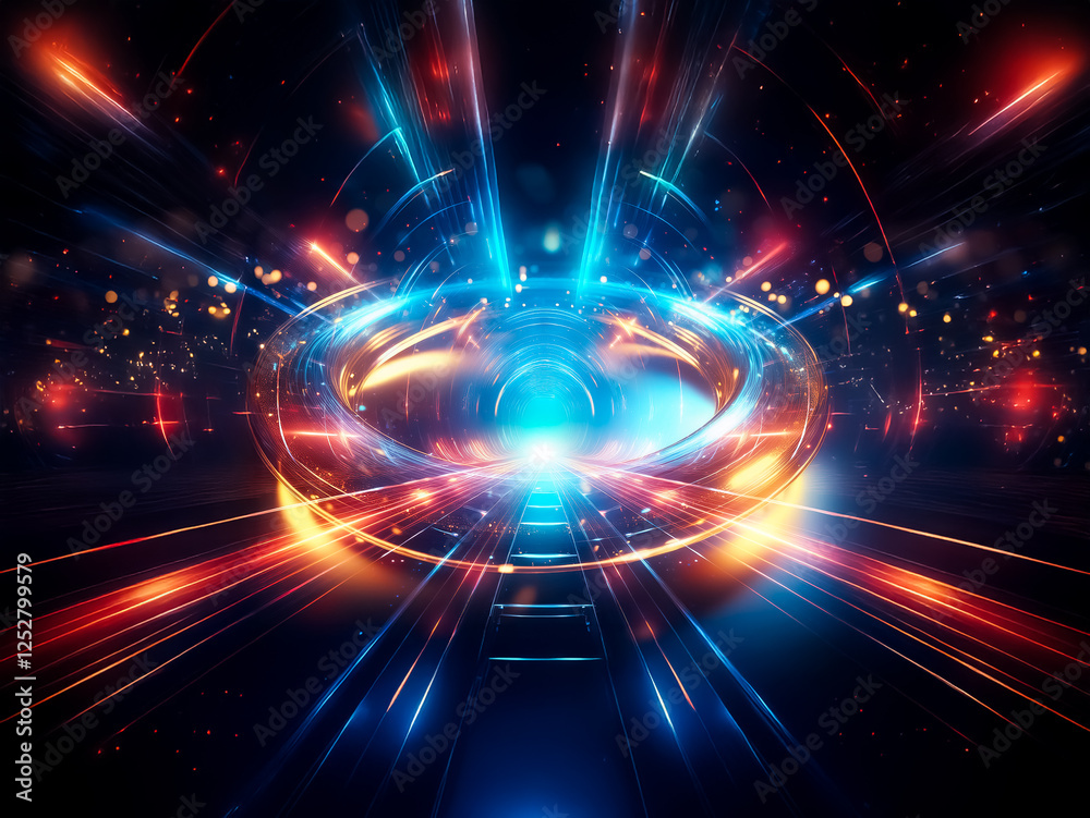 Aufkleber luminous torus, glowing with vibrant blue and orange light, rests on a dark surface amidst sparkling