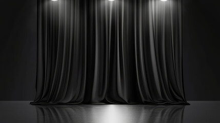 Black curtain with light spot on stage. Vector realistic illustration of concert hall with spotlights shining, glossy floor and fabric drapery, awarding or graduation ceremony, show banner background