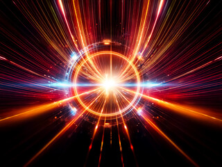Fototapeta premium A vibrant, glowing circular portal shimmers with orange and blue energy, surrounded by dark space dust and bright light streaks. The central light radiates power and mystery.