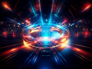 Obraz premium Luminous torus, glowing with vibrant blue and orange light, rests on a dark surface amidst sparkling particles. Its smooth, translucent form creates an ethereal, futuristic scene.