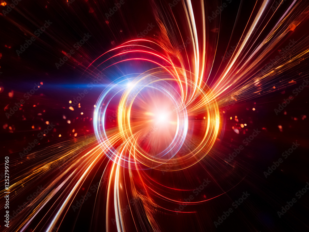 Poster vibrant abstract design featuring swirling red and orange light trails converging towards a central 