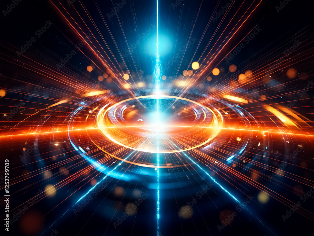 Aufkleber abstract digital art depicting concentric metallic rings glowing with blue and orange light, creatin