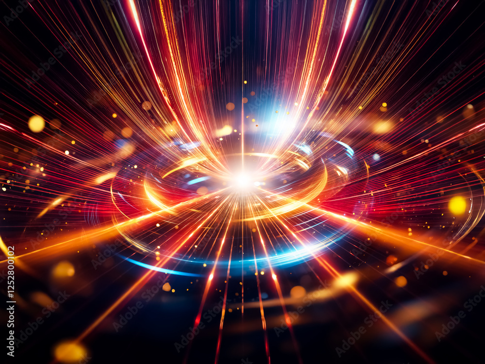 Poster abstract swirling metallic rings glow with blue and gold light, surrounded by glittering particles i