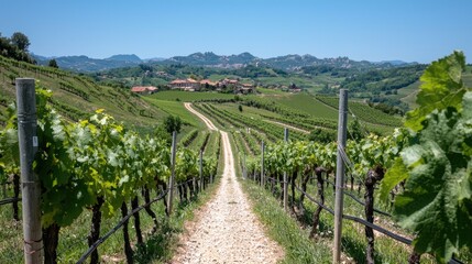 Naklejka premium Countryside vineyard path leading to village