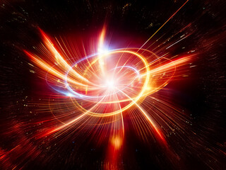 Obraz premium A brilliant burst of light erupts, casting fiery red and orange beams outward. Circular lines emphasize the dynamic energy emanating from the intense central glow.