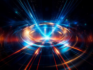 Obraz premium Glowing gold and blue rings float on a dark, rippling surface. Sparkling particles surround the metallic circles, creating a futuristic, ethereal scene.