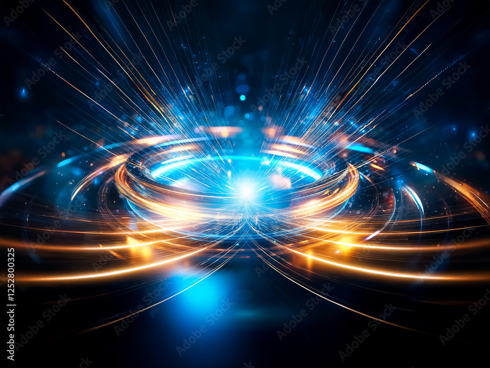 Poster abstract image of a glowing circular platform with vibrant blue and orange lights, set against a dar