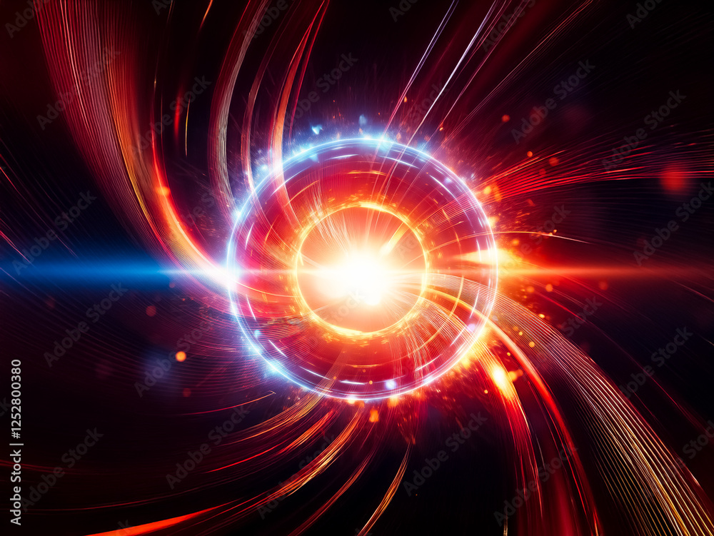 Poster A radiant light source with red and blue energy streams emanating circularly, creating a dynamic and vibrant abstract design against a dark backdrop.