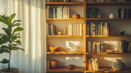 Sunlit wooden bookshelf with books and decorative vases by a window