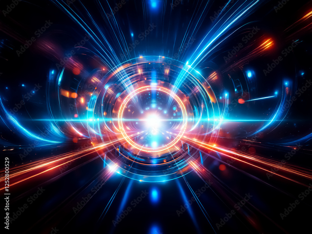 Poster a futuristic, glowing circular device with concentric rings emitting vibrant blue and orange light b