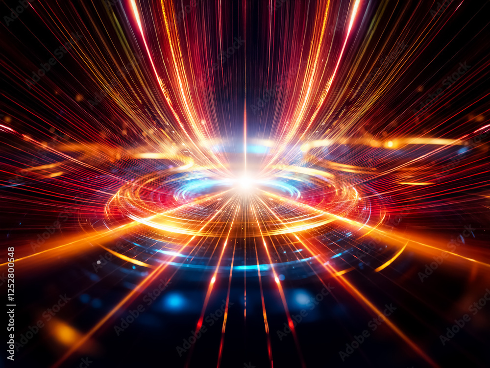 Poster Glowing blue and gold rings ripple across a dark, reflective surface, creating a mesmerizing, abstract energy field.  Sparkling particles add depth and dynamism.