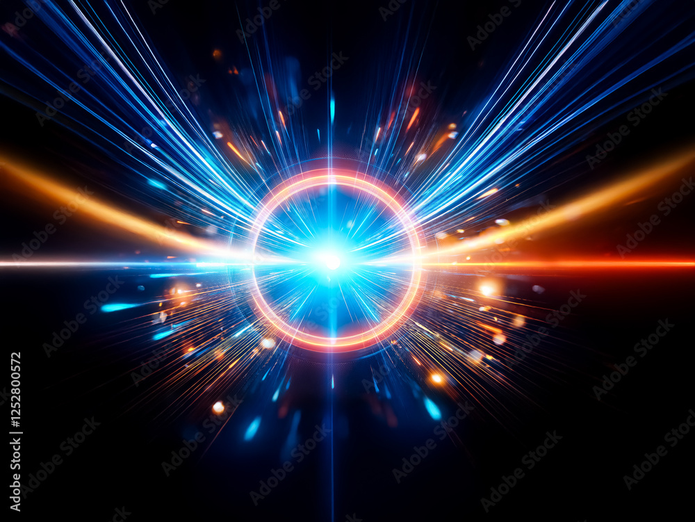 Poster vibrant energy bursts from a central glowing circle, radiating blue and orange light beams on a dark