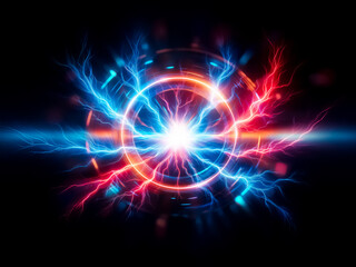 Fototapeta premium A vibrant sphere of energy pulsates with electric arcs of blue and red. Circular rings surround the glowing core against a dark backdrop, creating a powerful and dynamic visual effect.