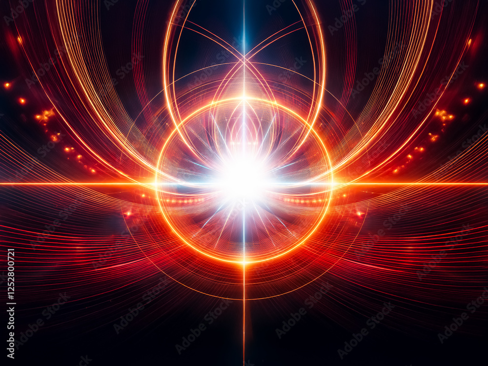Poster a vibrant, glowing orb at the image center, radiating energy outwards. surrounding rings and interse