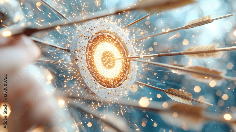 Poster a vivid depiction of arrows converging towards a glowing target, creating a dynamic and energetic sc