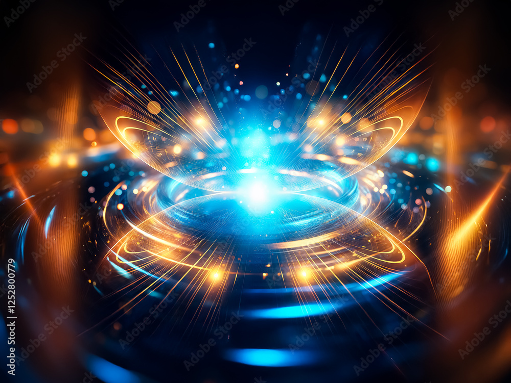 Poster intriguing abstract image depicting concentric glowing rings in vibrant blue and gold hues, emanatin