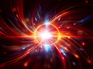 Obraz premium A vibrant, luminous ring glows intensely at the center, surrounded by radiating streaks of light and energy against a dark backdrop. The image evokes feelings of speed, power, and cosmic energy.