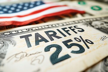 white text TARIFFS 25% in foreground American flag and dollar in the background, US foreign policy