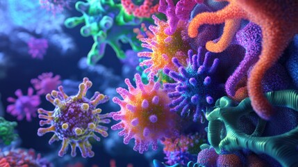Fototapeta premium Microscopic World: A vibrant visualization of colorful viruses and microorganisms.