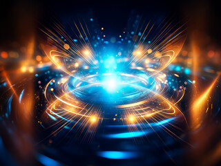 Obraz premium Intriguing abstract image depicting concentric glowing rings in vibrant blue and gold hues, emanating a bright light, set against a dark background speckled with bokeh lights. It evokes a sense of en
