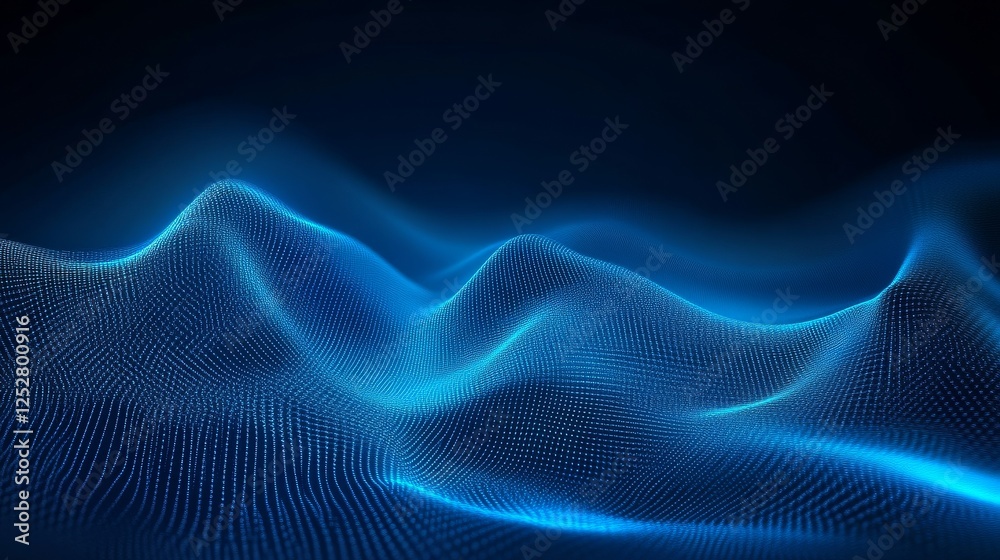 Poster abstract digital blue wave with glowing dots on dark background, futuristic technology concept