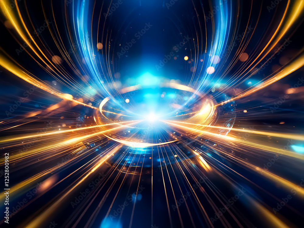 Poster Dynamic abstract composition featuring luminous blue and gold lines radiating from a central point, creating an energetic and futuristic feel.