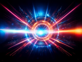 Fototapeta premium A glowing metallic ring, vibrant blue and orange, emits radiant light streaks against a dark background. The circular form suggests technological advancement or cosmic energy.