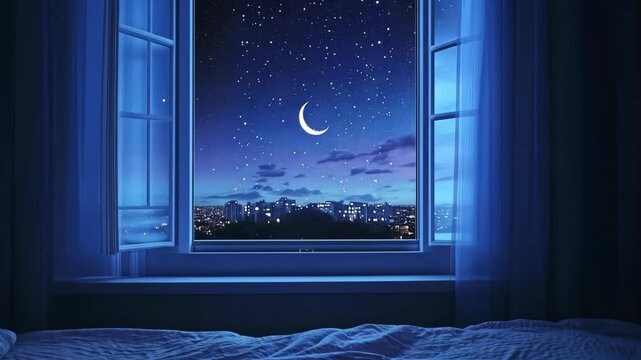 Nighttime city view with moonlight shining through open window and soft bedding in serene atmosphere