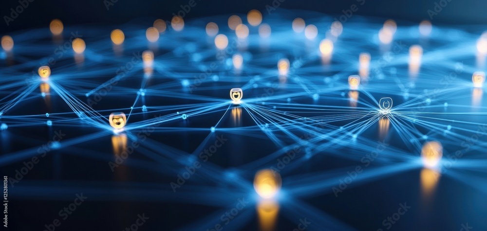 Poster a digital network with glowing nodes and icons representing security, symbolizing connectivity and c