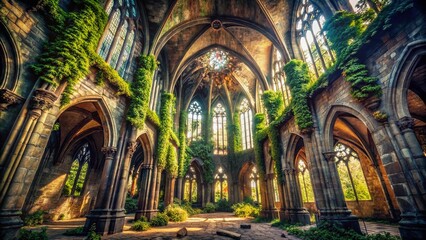 Fototapeta premium Abandoned Church Barcelona, Gothic Architecture, Urban Exploration Photography, Decaying Building, Spanish Cityscape
