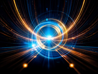 Obraz premium Abstract image showing bright, glowing light beams in blue and gold emanating radially from a central sphere, creating a futuristic and dynamic effect on a dark backdrop.