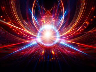 Obraz premium A vibrant abstract image featuring dynamic light trails in red, orange, and blue radiating from a central bright point. Glowing and energetic, creating a futuristic and artistic visual design.