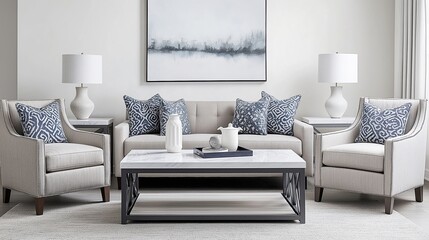 modern living room with a gray sofa and two armchairs. The sofa is upholstered in a light grey fabric and has a blue and white patterned throw pillow on it. In front of the sofa