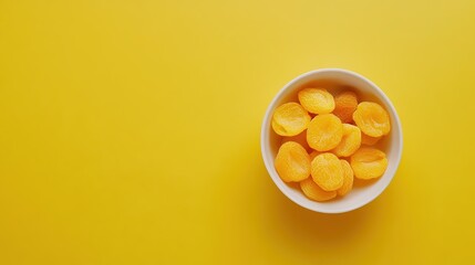 Fototapeta premium Dried Apricots in White Bowl on Yellow Background. Flat Lay with Space for Text or Caption, Healthy Snack and Fruit Concept