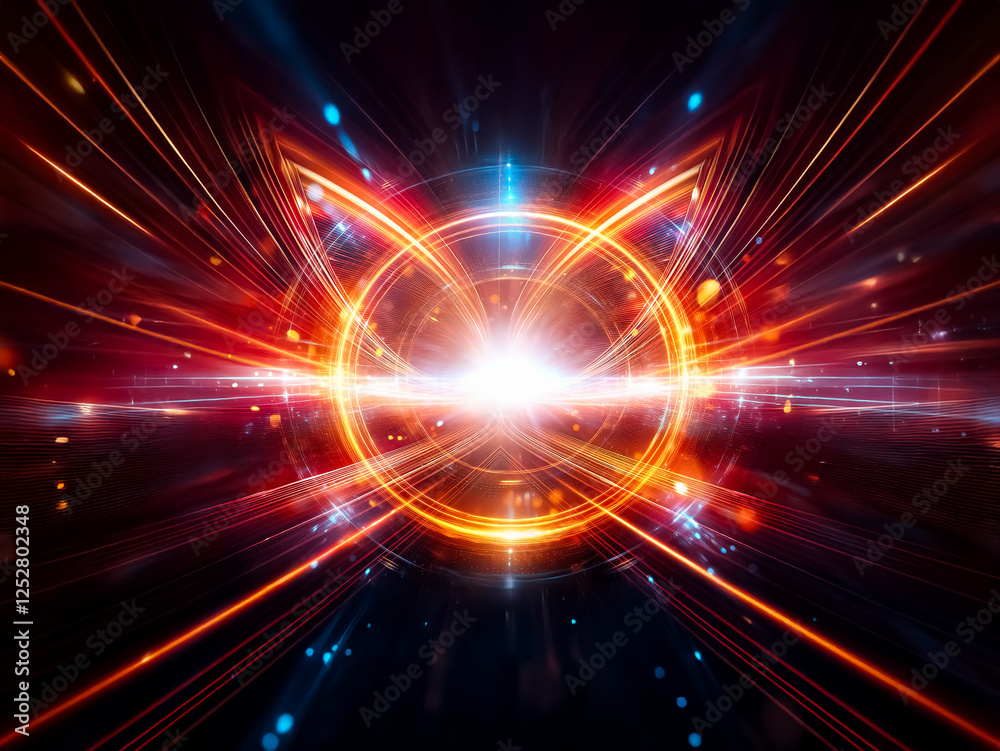 Poster abstract glowing design featuring orange and blue streaks radiating from a central point. it resembl