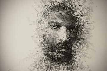 Abstract Illustration, Exhausted Man's Facial Expression Portrait