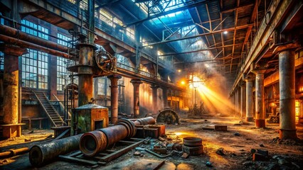 Naklejka premium Abandoned Industrial Building Interior: Rusted Pipes and Forgotten Machinery
