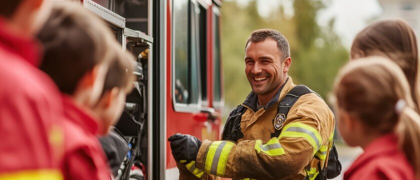 A firefighter engages with children near a fire truck, showcasing a friendly and educational interaction about fire safety and firefighting.