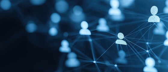 A digital network graphic showing interconnected user icons against a blue background, symbolizing social connections and data flow.