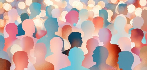 A colorful abstract representation of diverse silhouettes in a crowd, highlighting community and connection through vibrant hues.
