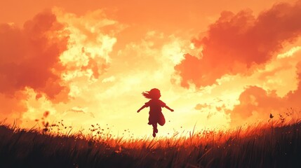 A silhouette of a child running joyfully through a field at sunset, surrounded by vibrant clouds