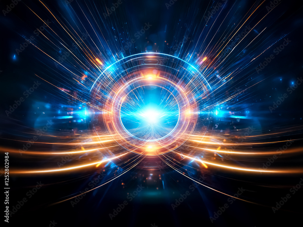 Poster abstract digital art featuring a vibrant burst of light. blue and orange rays emanate from a central