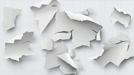 Fototapeta premium Realistic uneven edges of torn paper on transparent background. Vector illustration of ripped white page, damaged album sheet texture, used notebook, waste material for recycling, tattered document