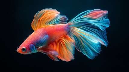 Fototapeta premium Striking Siamese Fighting Fish with Fluorescent Fins and Vibrant Scales against a Dark Backdrop
