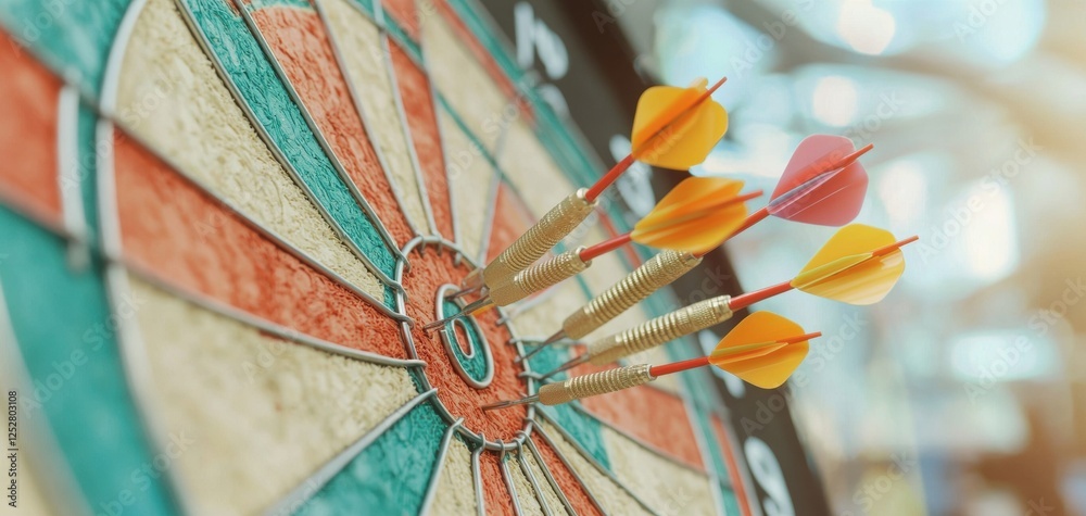 Poster a dartboard with multiple darts hitting the bullseye, showcasing precision and skill in a competitiv