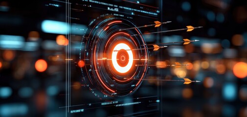A futuristic digital target with glowing rings and arrows, representing precision and high-tech design.