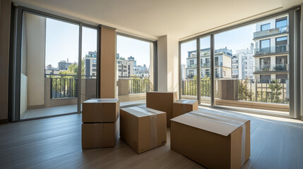 Unfurnished room with belongings in cardboard boxes for relocation to new appartement concept. Moving to new house - interior with carton parcels and large balcony in city with multistorey buildings.