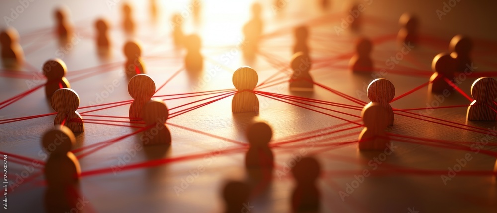 Poster a close-up of wooden figures connected by red strings, symbolizing networking and collaboration in a