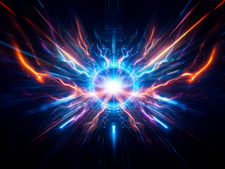 Fototapeta premium Abstract digital art featuring a vibrant sphere emitting radiant energy beams in blue, orange, and purple against a dark backdrop. Dynamic and visually striking composition.