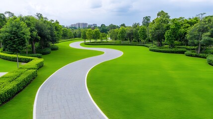 Winding Pathway Through Lush Green Grass in a Serene Park Landscape